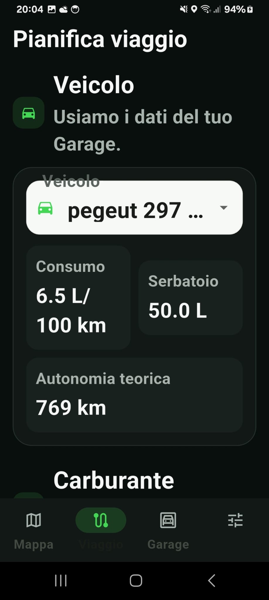 Dati veicolo nel Trip Planner Octanivo